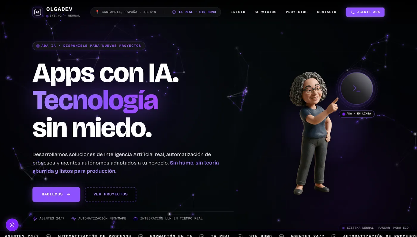 Web de OlgaDev: "Apps con IA. Tecnología sin miedo", con el agente Ada