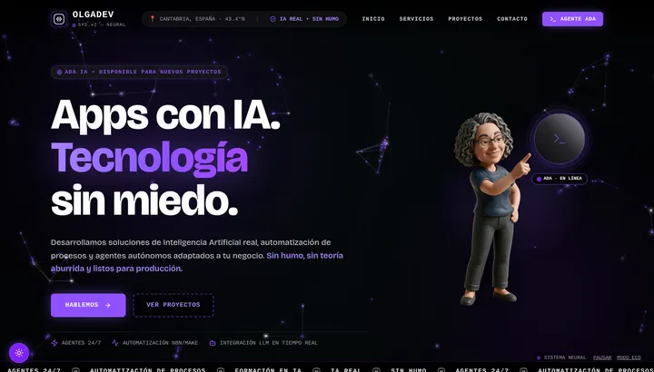 Web de OlgaDev: "Apps con IA. Tecnología sin miedo", con el agente Ada